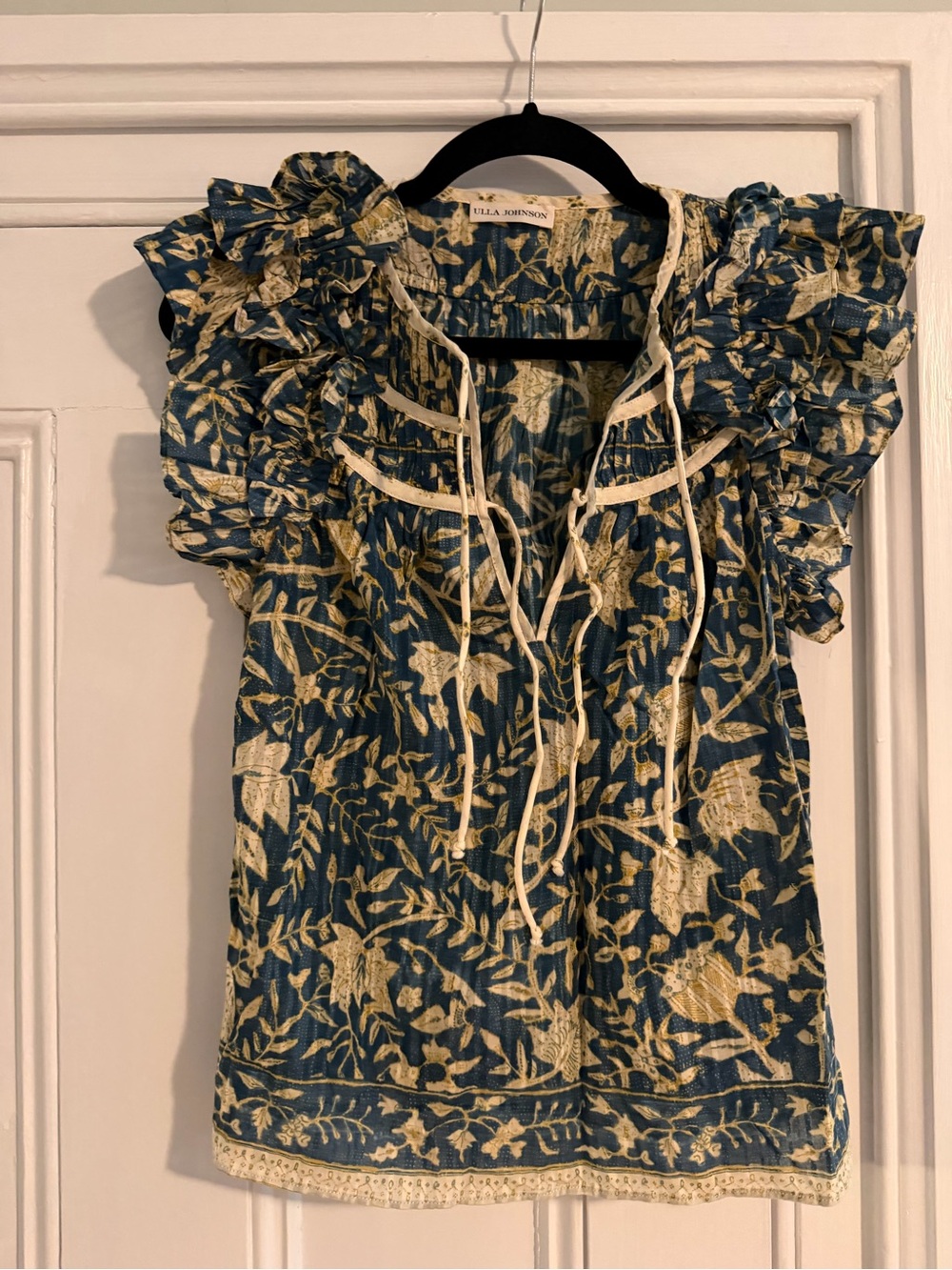 Ulla Johnson Blue Botanical Tie-Neck Ruffle Blouse